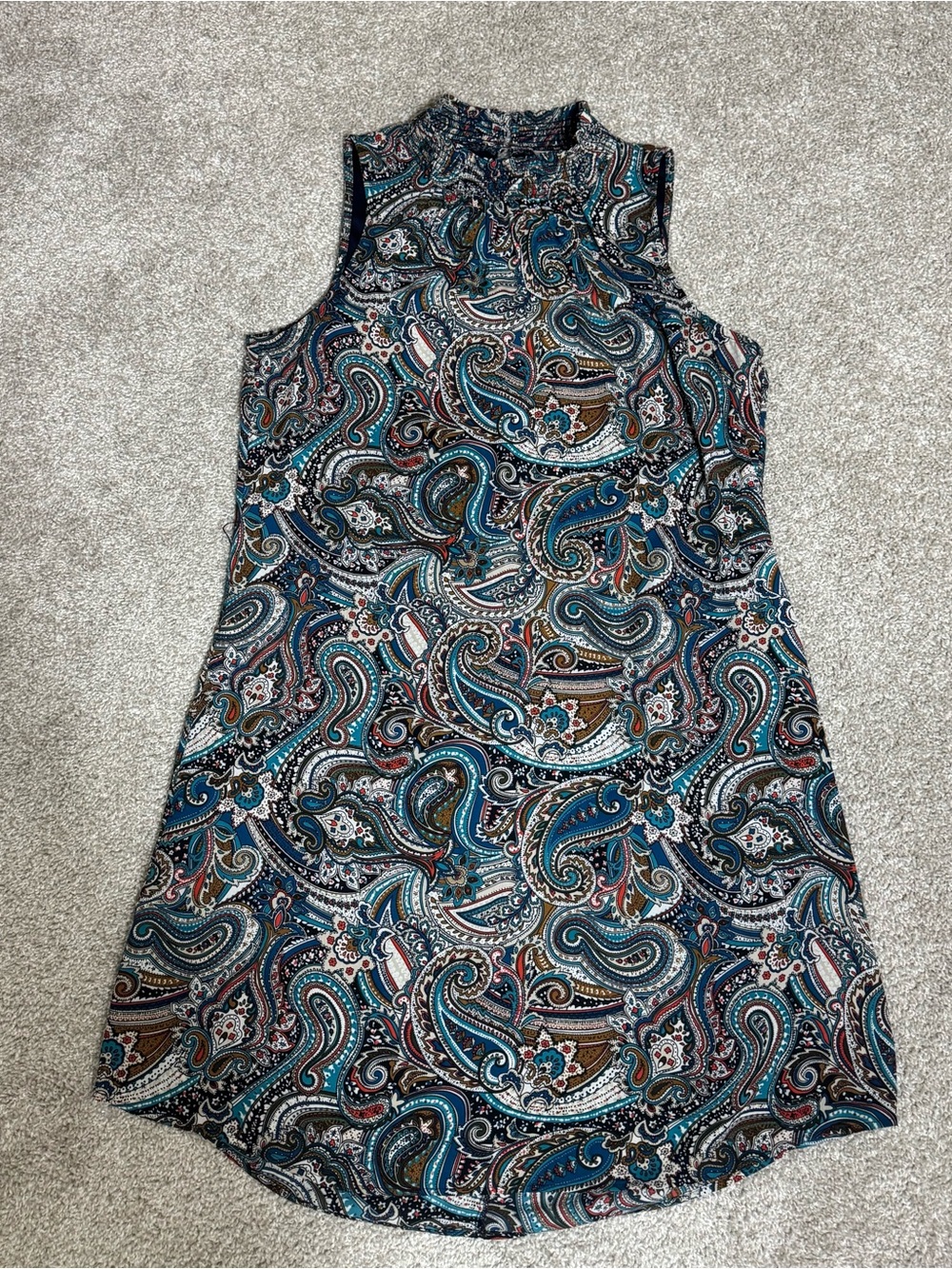 DR2 Sleeveless Paisley Shift Dress in Teal, Navy and Brown
